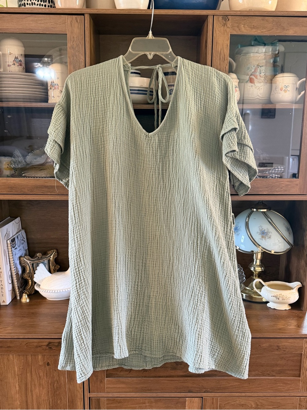 Ninexis Sage Green Gauze Flutter Sleeve Dress Large 100% Cotton Tie Back